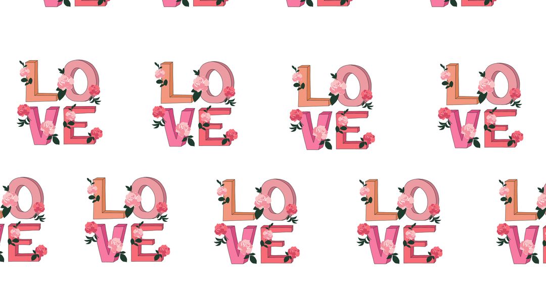 Repeating Love Text Pattern with Pink Flowers on White