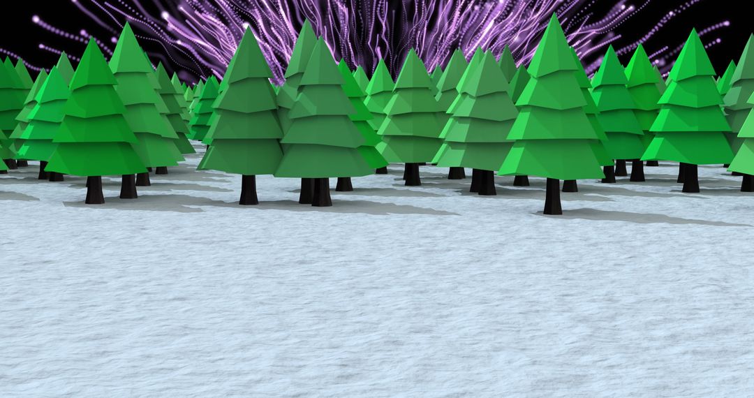 Vibrant Digital Forest with Purple Light Trails in Winter