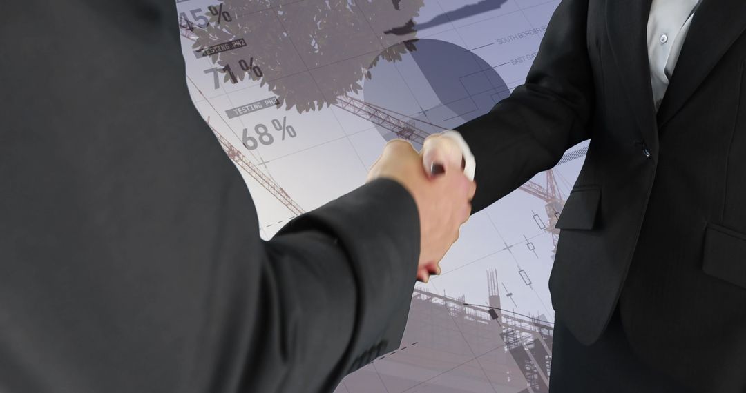 Business Handshake Overlapping with Digital Graphs and Crane Design Background
