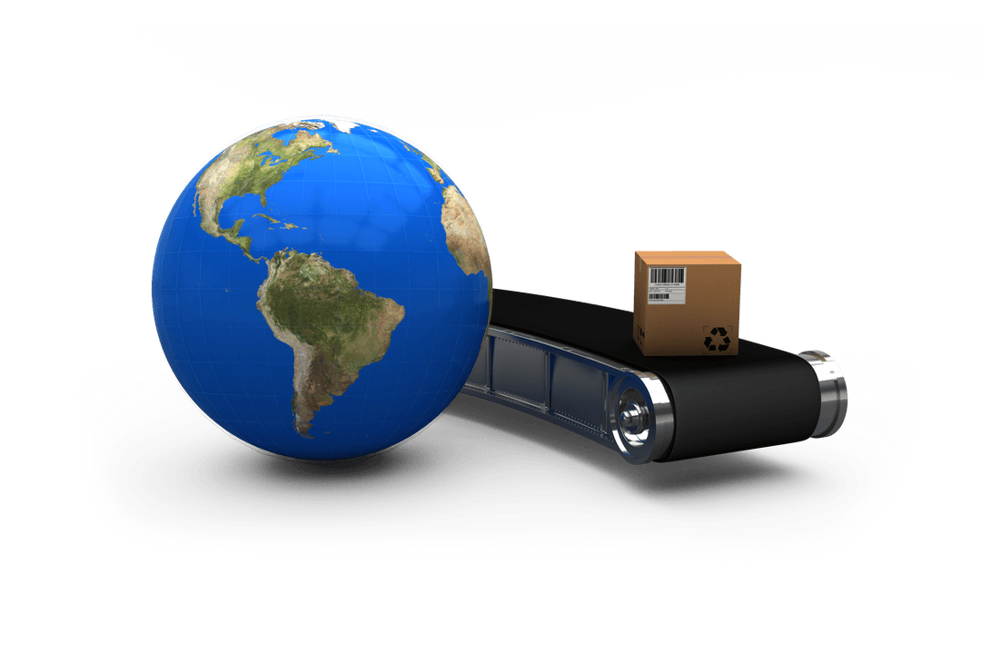 Transparent 3D Earth and Cardboard Box on Conveyor Belt