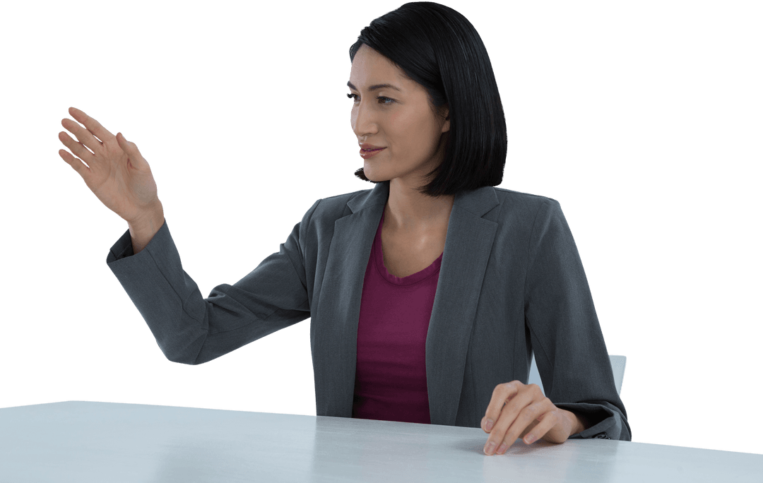 Transparent Businesswoman Gesturing at Desk in Suit