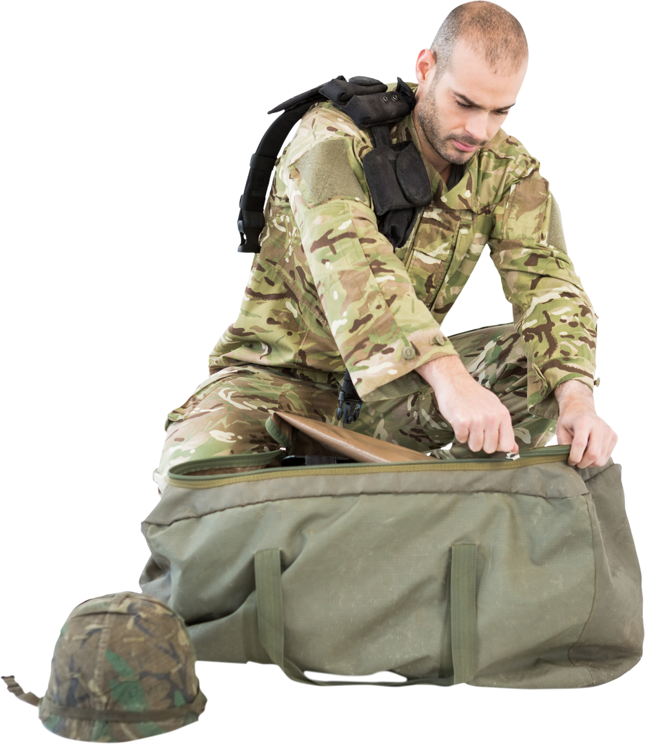 Male Soldier Packing Green Tactical Bag on Transparent Background - Download Free Stock Images Pikwizard.com