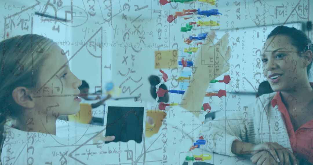 Students Studying with DNA Model Sharing Ideas on Science Concepts