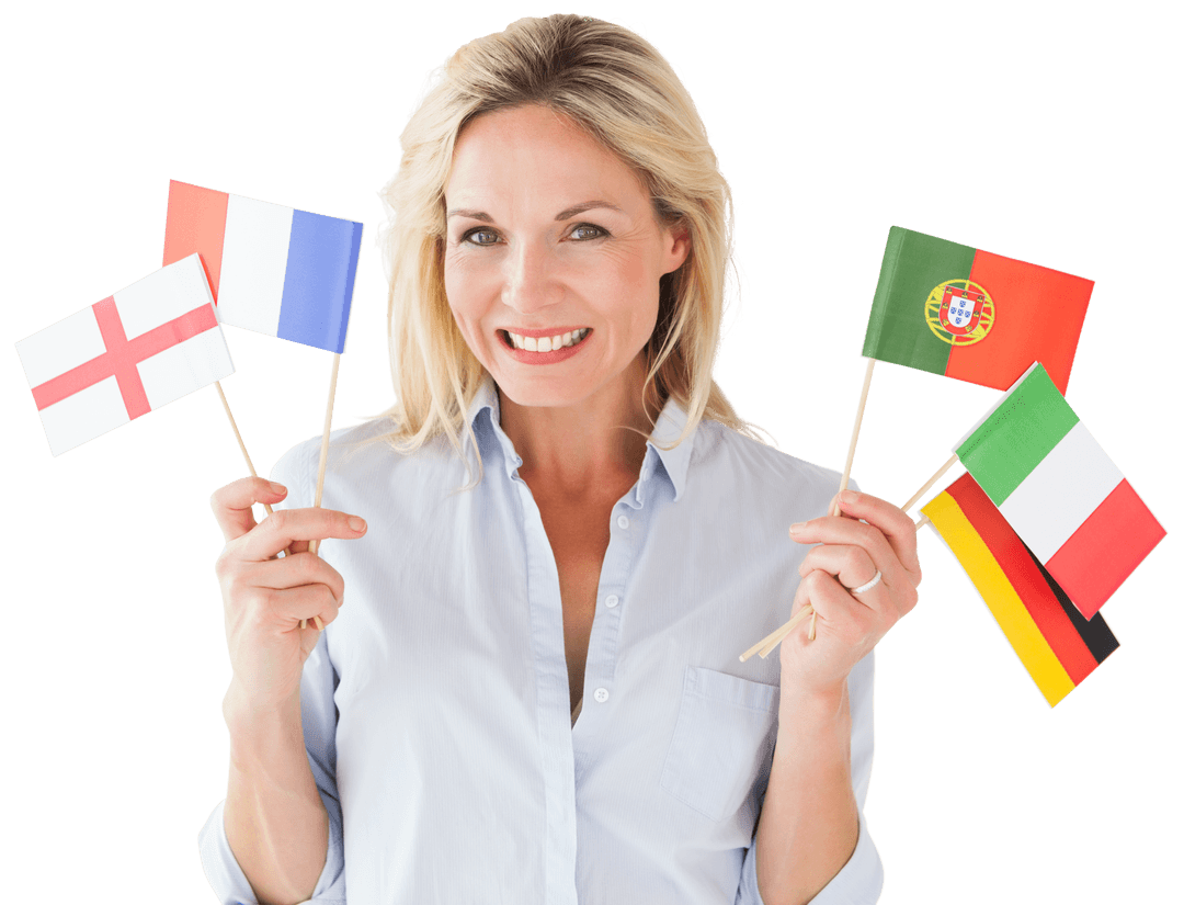 Woman Holding European National Flags on Transparent Background