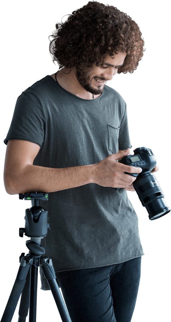 Smiling Photographer Reviewing Camera on Transparent Background