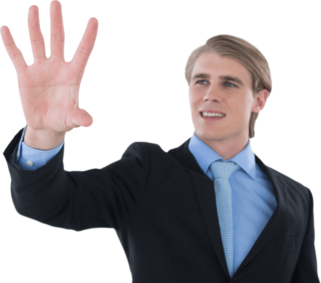 Smiling Businessman Gesturing to Transparent Digital Interface