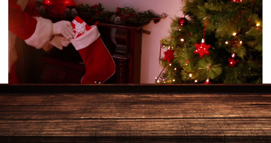 Santa Delivering Christmas Gifts to Stocking by Tree