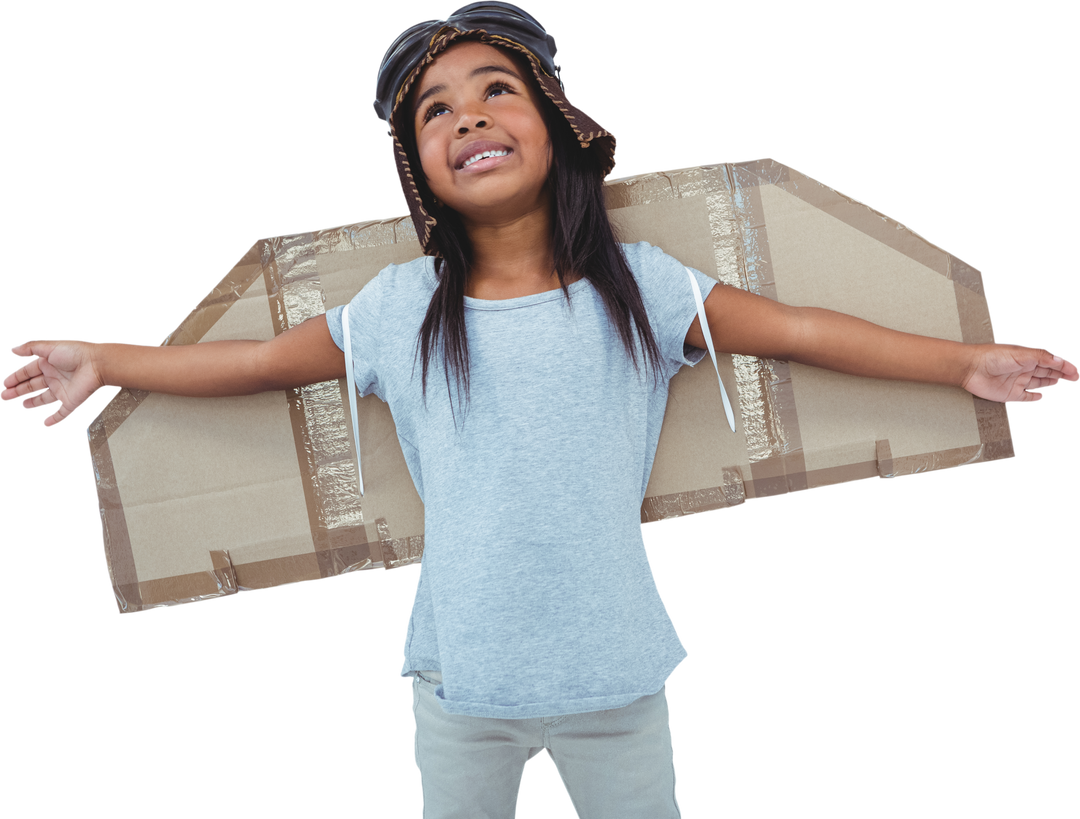 Young Girl Pretending to Be Pilot with Cardboard Wings on Transparent Background - Download Free Stock Images Pikwizard.com