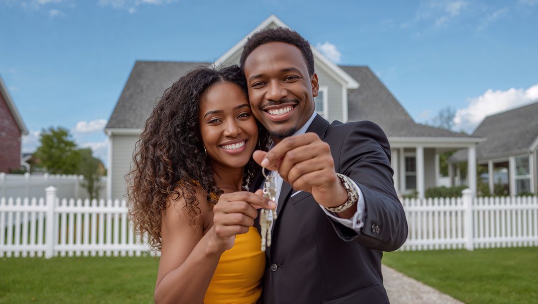 Smiling Couple Holding House Keys in Front Yard of New Home