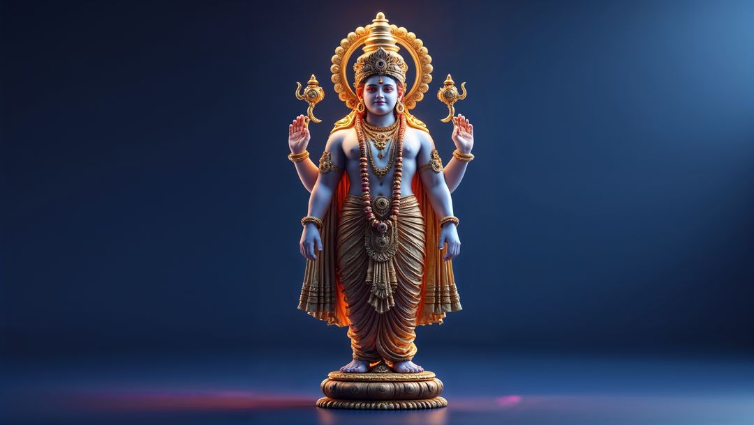 Four-Armed Deity Statue with Conch Shell and Discus on Pedestal