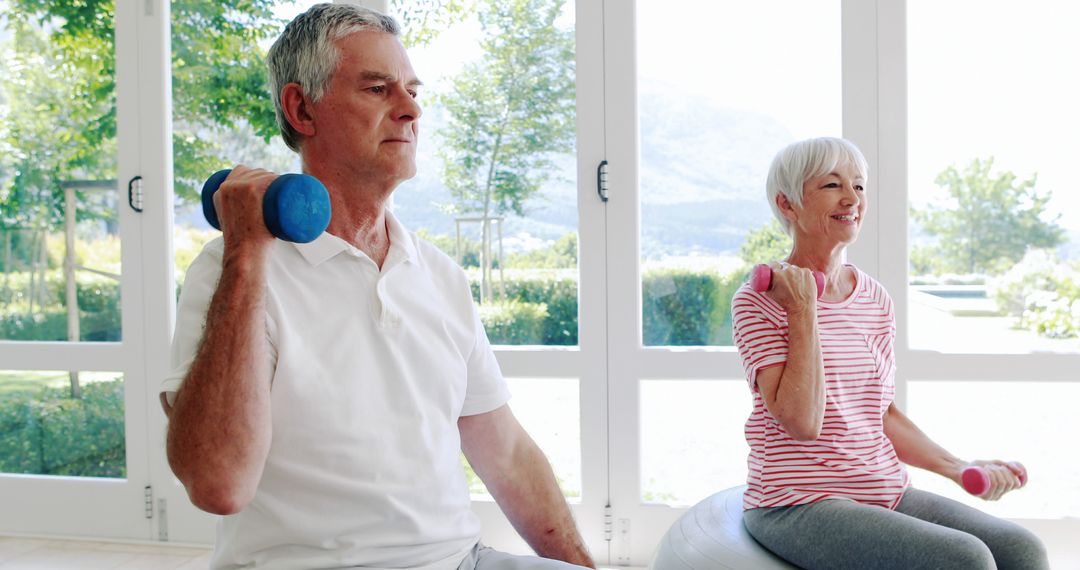 Seniors Exercising with Dumbbells in Bright Workout Room - Free Images, Stock Photos and Pictures on Pikwizard.com