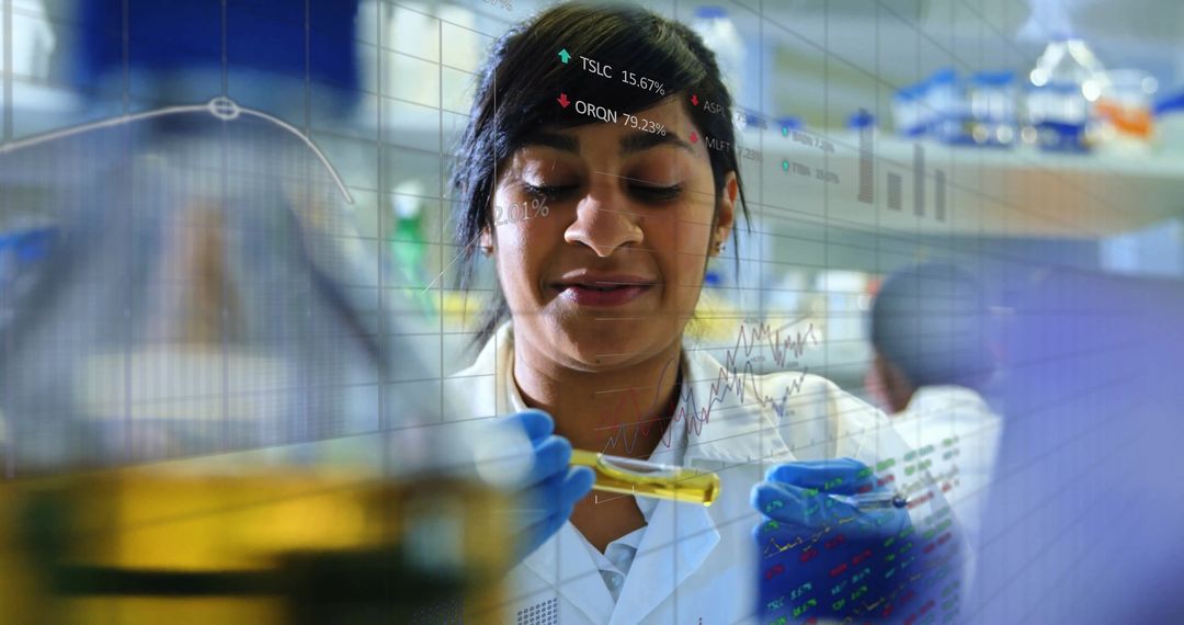 Female Scientist Analyzing Sample with Digital Data Overlay