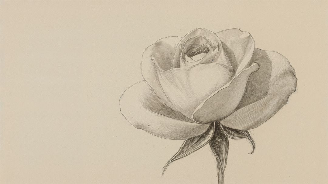 Pencil Sketch of Rose Bloom on Cream Paper With Copy Space