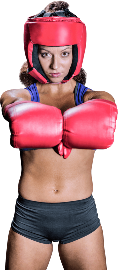 Transparent Woman with Bright Red Boxing Gloves Facing Camera