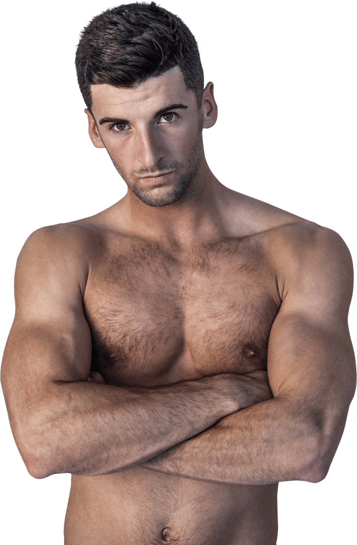 Muscular Shirtless Man with Arms Crossed on Transparent Background