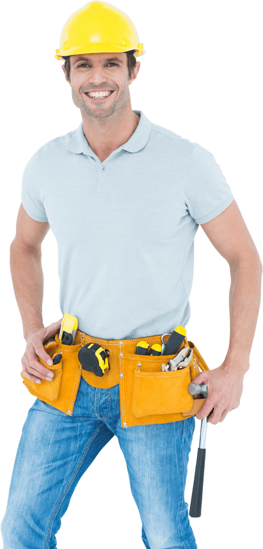 Transparent Smiling Construction Worker with Hard Hat and Tool Belt