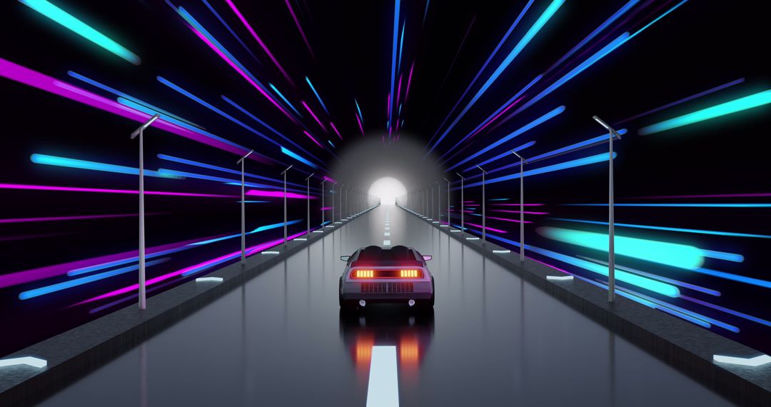 Retro Futuristic Car in Neon-Lit Tunnel