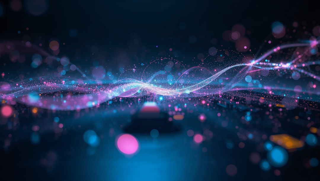 Glowing Digital Wave with Bokeh Effect on Futuristic Grid
