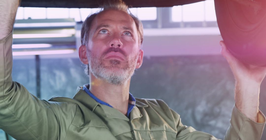 Focused Mechanic Inspecting Car Tire in Sunlit Garage