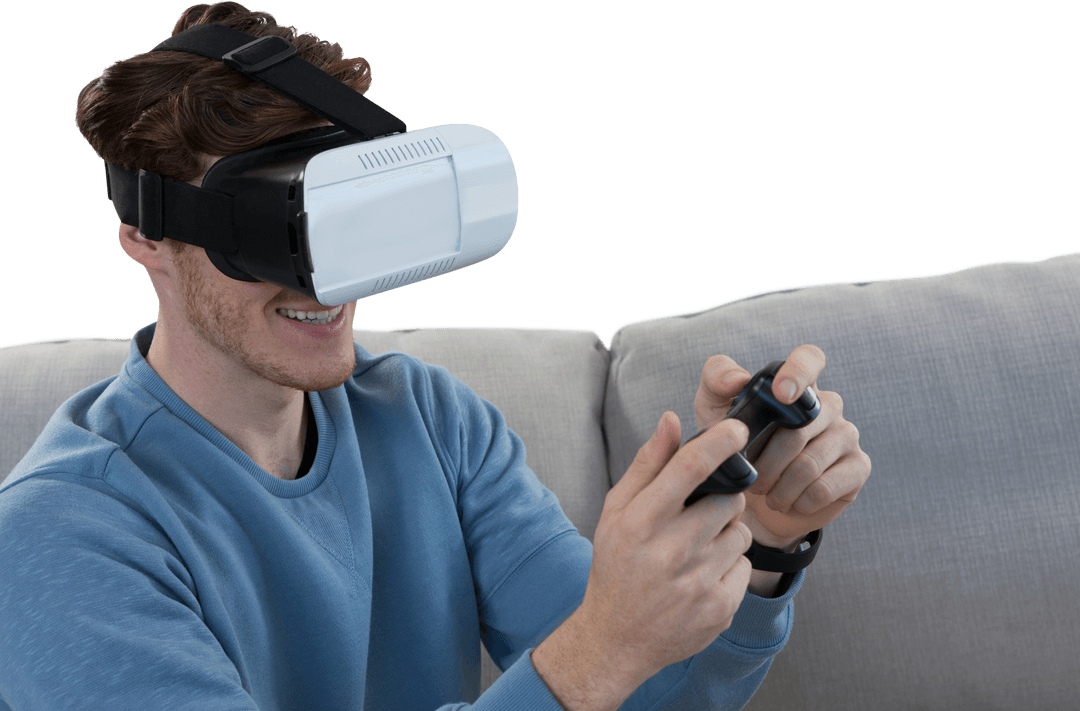 Smiling Man with Transparent VR Headset and Joystick Gaming