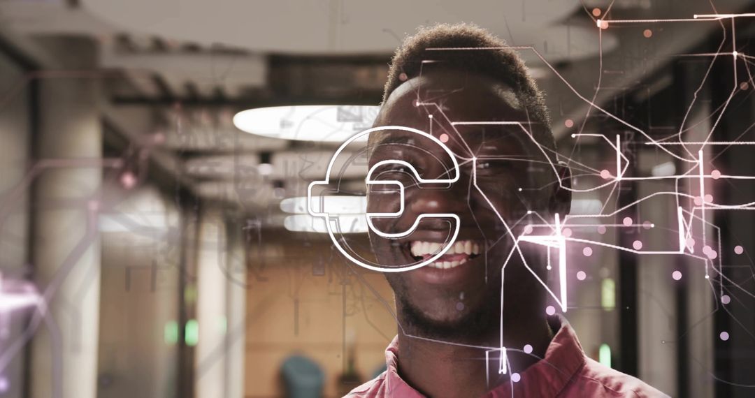 Tech Professional Smiling with Digital Overlay in Modern Office