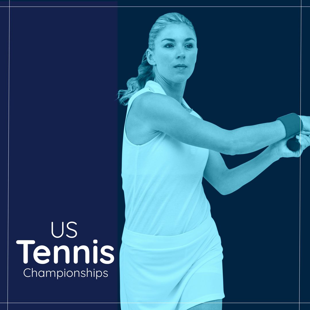 Female Tennis Player in Action with Tournament Text Overlay