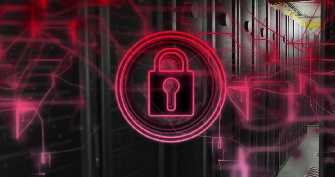 Neon Padlock Overlay Signifying Data Center Cybersecurity