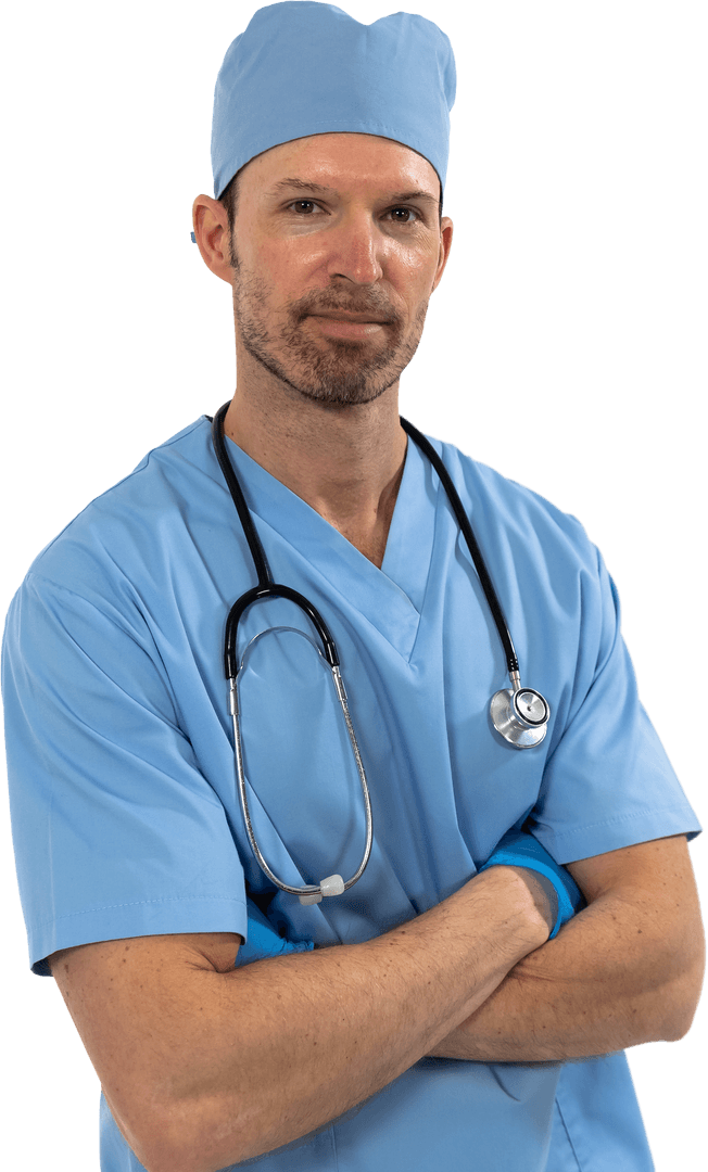 Transparent Surgeon Standing Confidently with Stethoscope