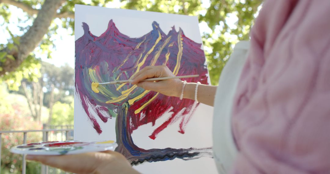 Woman Painting Abstract Tree Canvas Outdoors - Free Images, Stock Photos and Pictures on Pikwizard.com