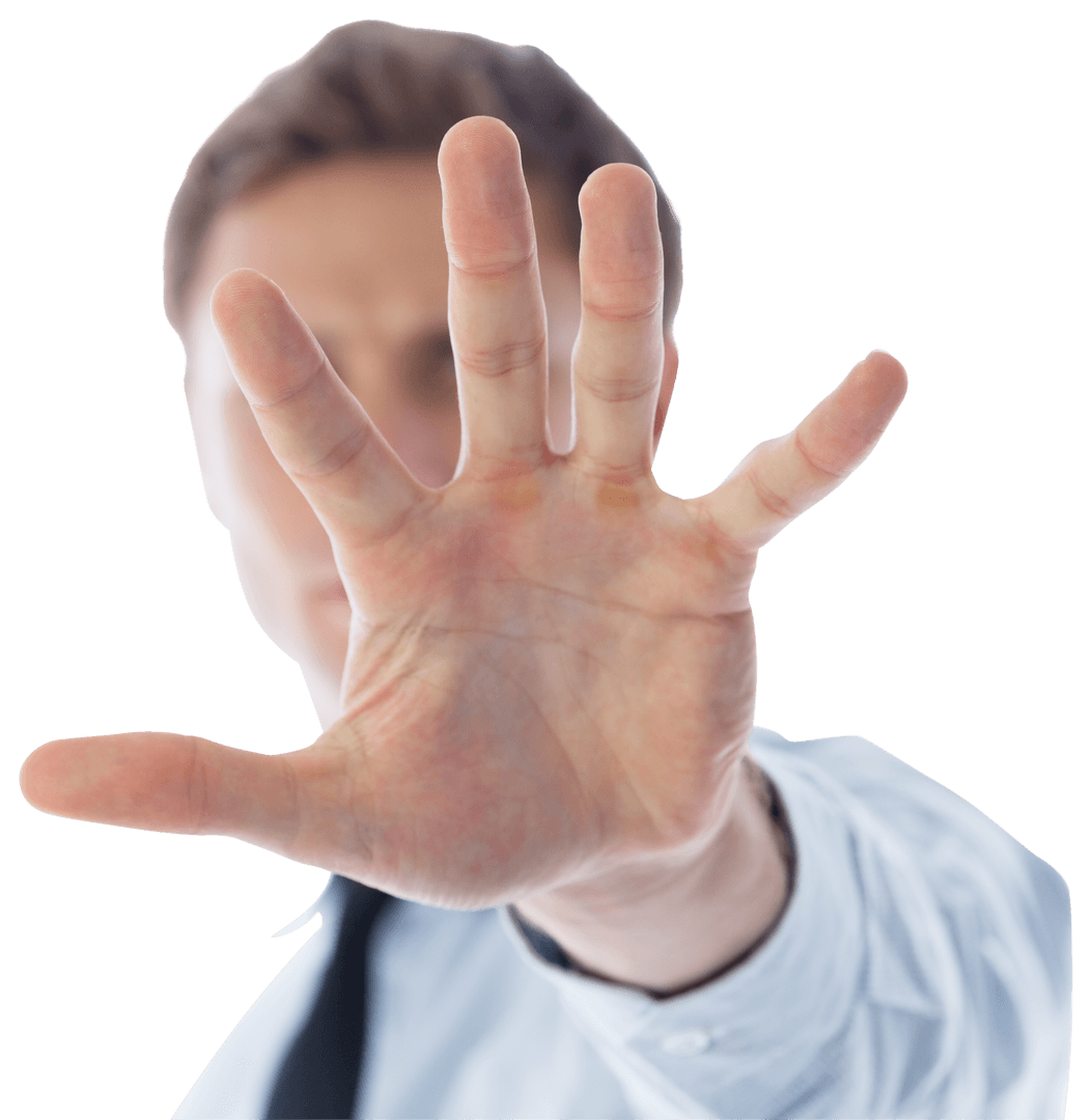 Caucasian Businessman Holding Out Hand on Transparent Background