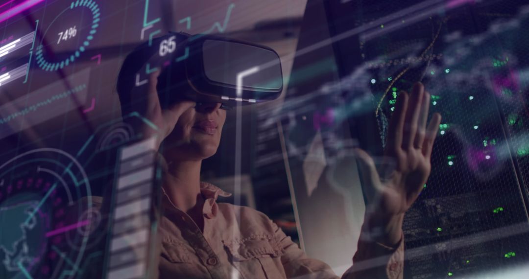 Female Engineer with VR Headset Exploring Digital Data Interfaces