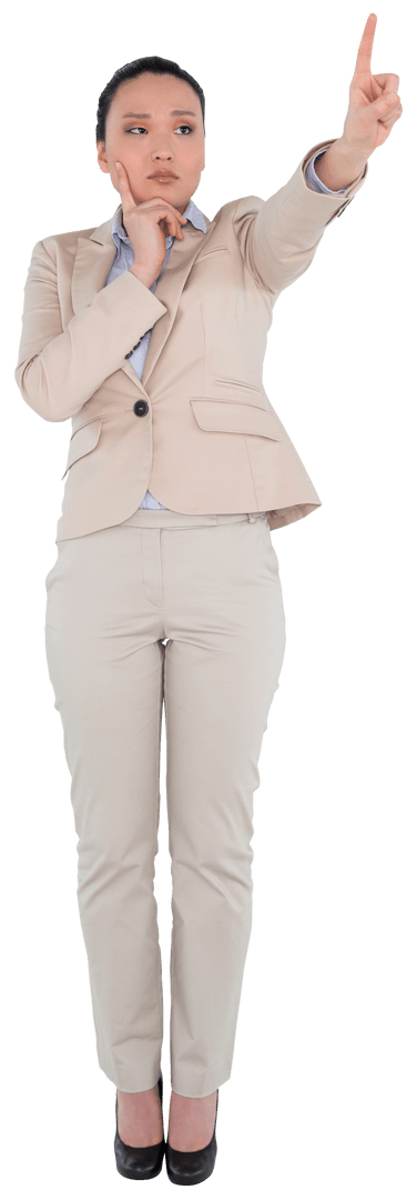 Transparent Focused Businesswoman Pointing in Professional Attire