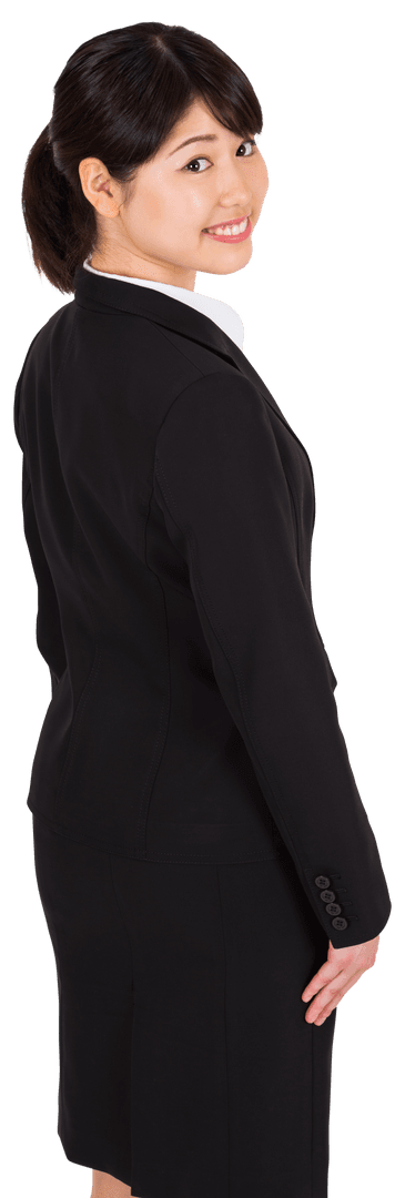 Smiling Asian Businesswoman Looking Back on Transparent Background
