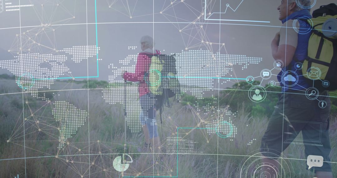 Senior Couple Hiking with Digital Mapping Interface Overlay