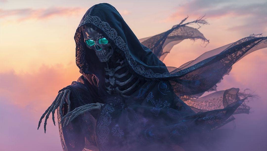Skeletal Wraith with Glowing Eyes in Twilight Mist