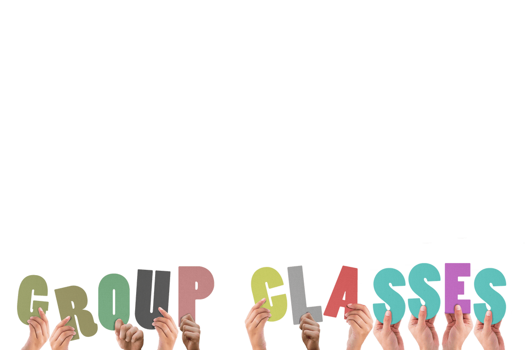 Transparent Hands Holding Colorful Group Classes Sign