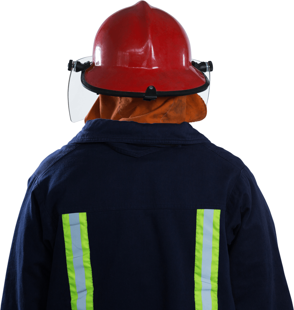 Transparent Rear View Firefighter in Uniform with Red Helmet