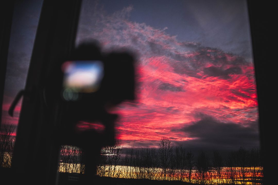 Camera Recording Vibrant and Dramatic Sunset with Silhouetted Trees - Free Images, Stock Photos and Pictures on Pikwizard.com