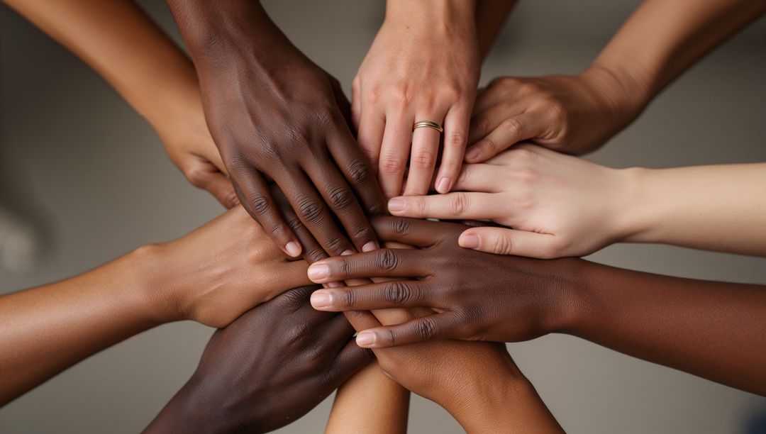 Hands of Diverse Adults Forming Unity Stack Representing Teamwork and Solidarity