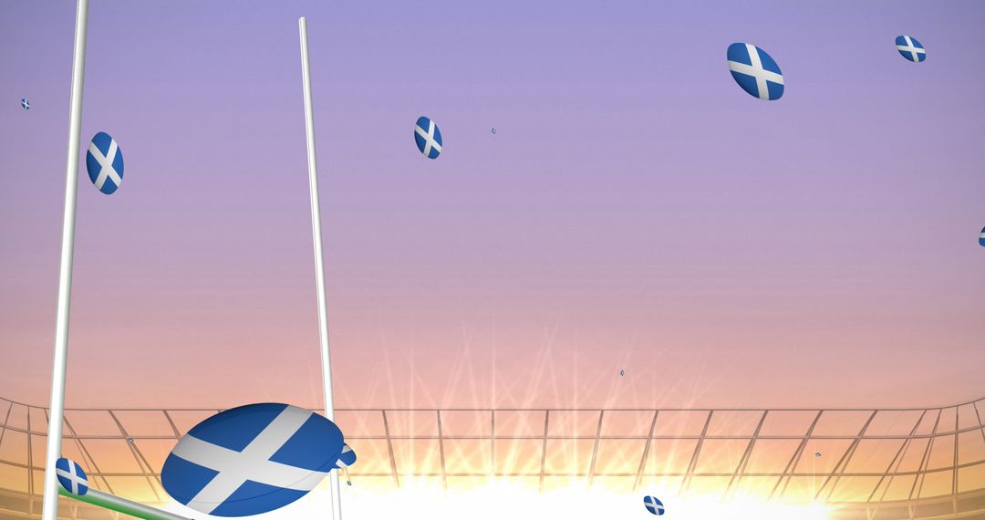Rugby Balls with Scotland Flags Falling in Stadium at Sunset