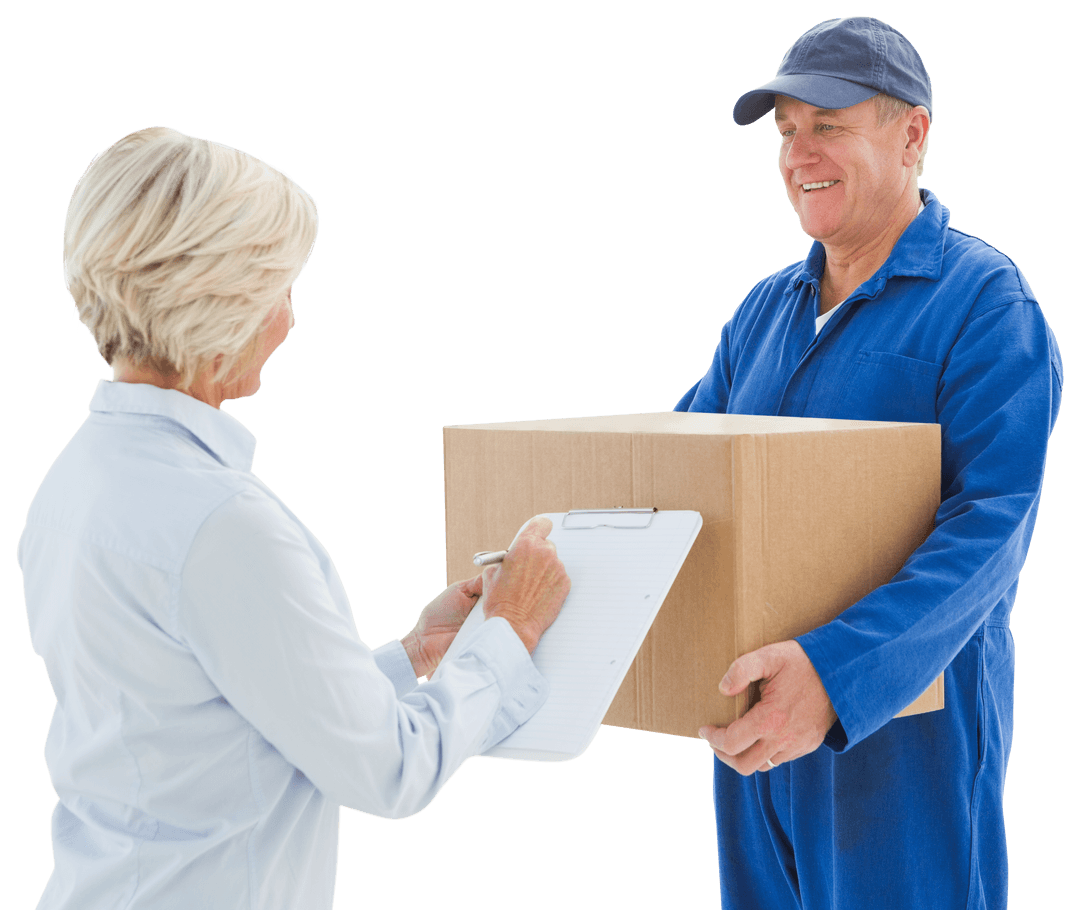 Transparent Delivery Person Handing Parcel to Smiling Customer