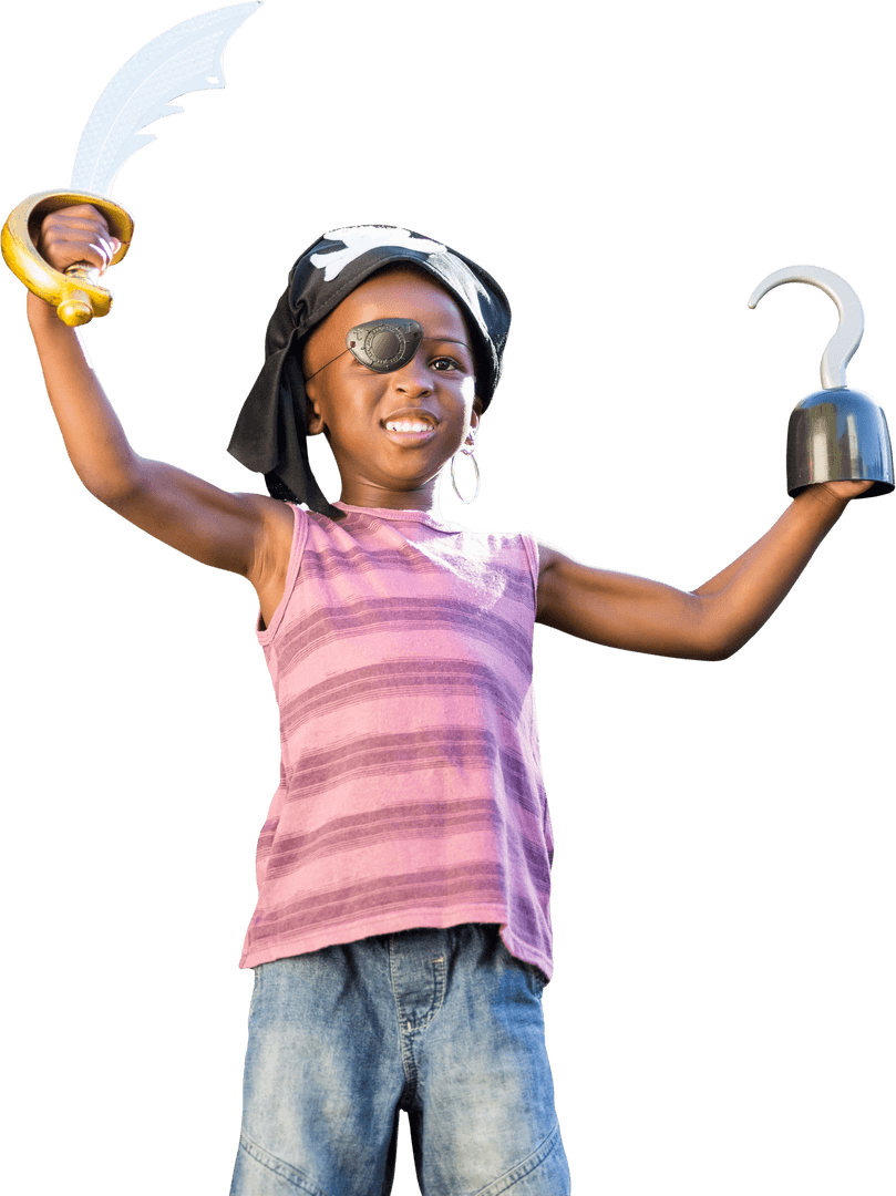 Joyful Child Dressed as Pirate Holding Transparent Cutlass and Hook