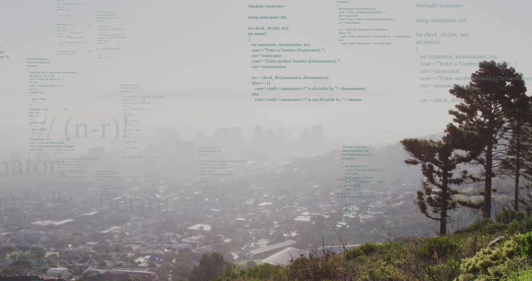Hazy Urban Landscape Over Grassy Hills with Software Code Overlay
