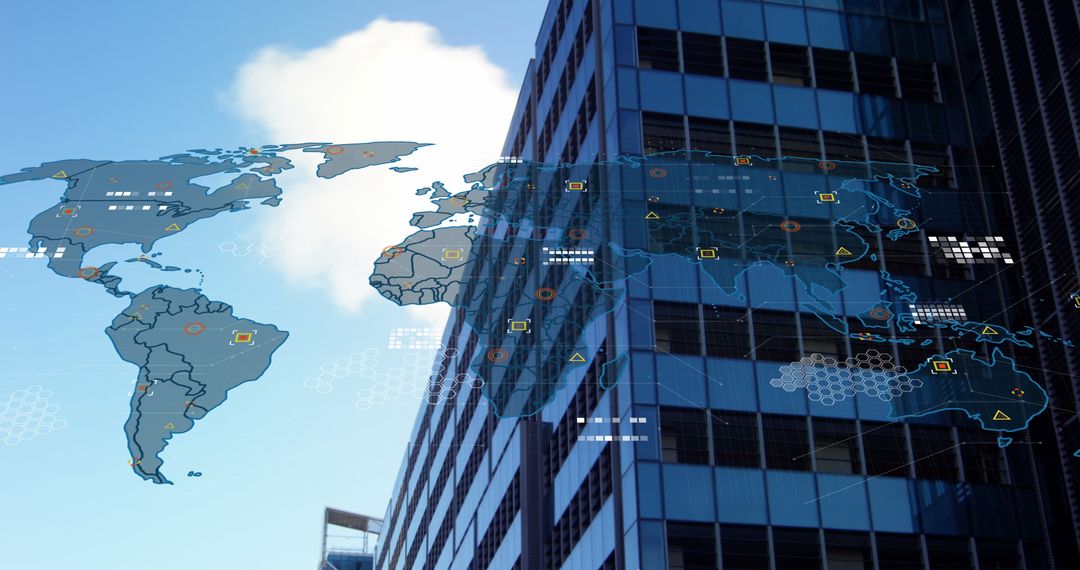 Global Tech Data Overlay on Urban Skyscraper with World Map