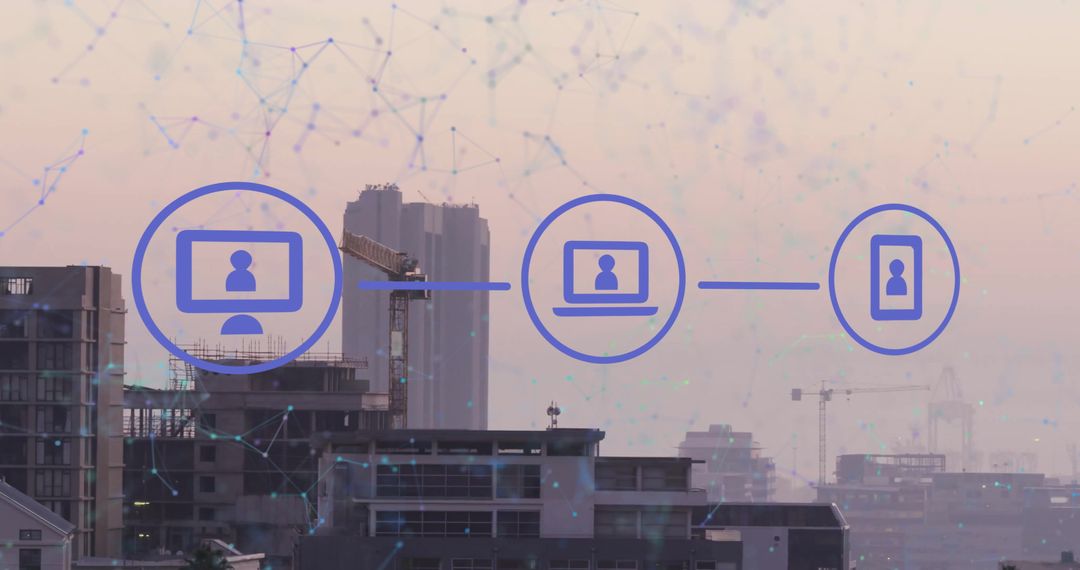 Media Icon Network Overlaying Urban Skyline