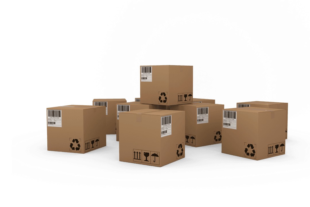 Pile of Transparent Cardboard Boxes with Shipping Symbols