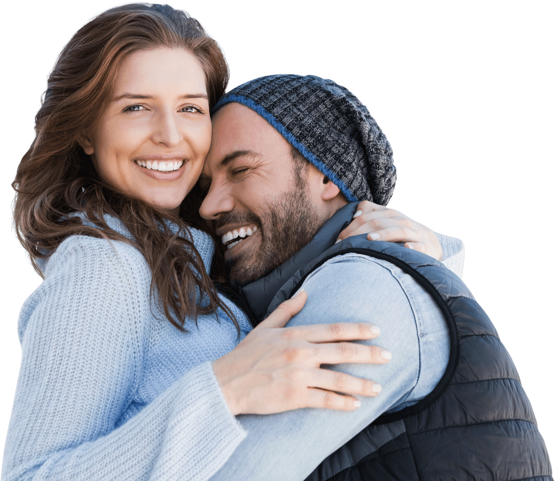 Transparent Joyful Couple Embracing in Winter Clothing