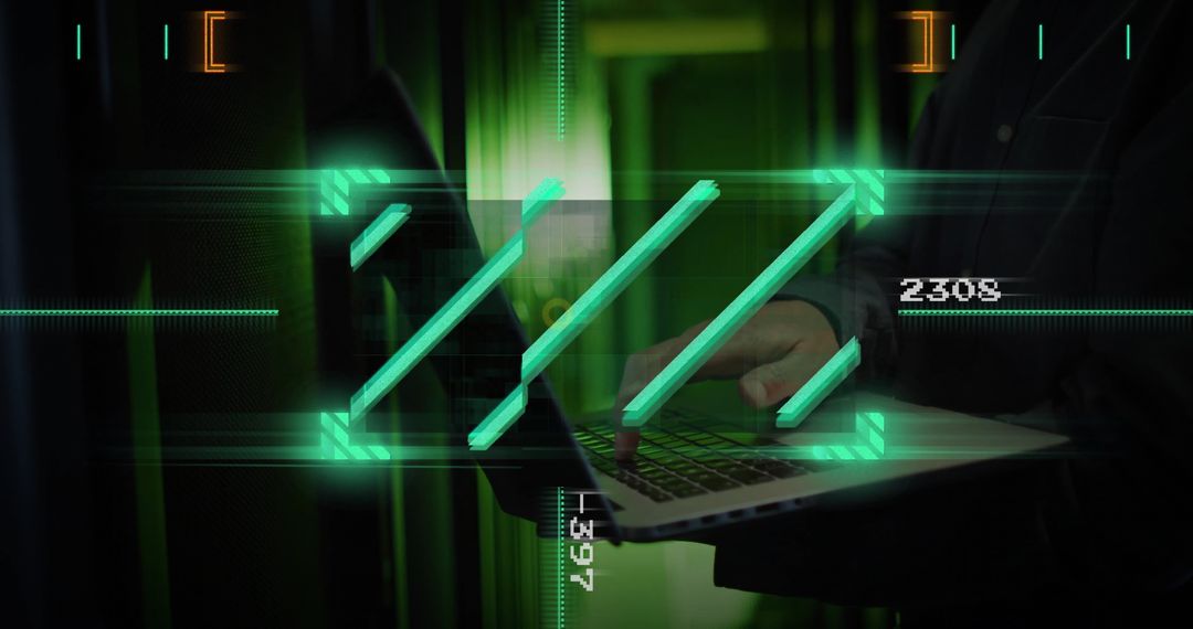 Technician Examining Cybersecurity Interface on Laptop by Data Servers