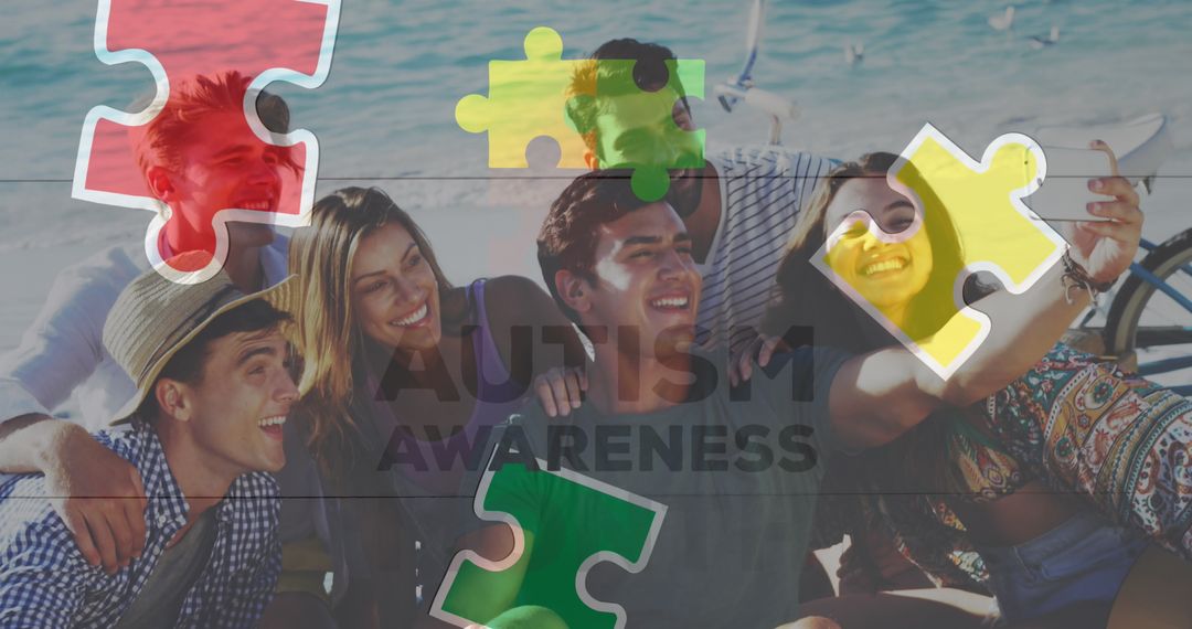 Friends Smiling at Beach with Autism Puzzle Overlay