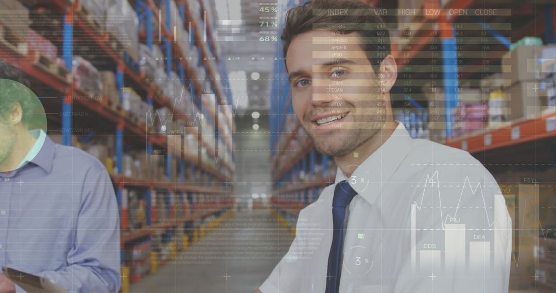 Warehouse Workers Analyzing Data with Digital Graphs